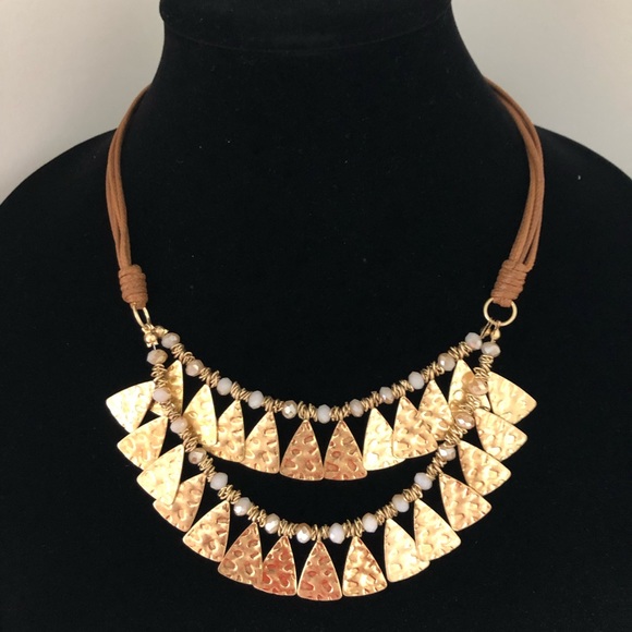 Boho Southwestern Hammered Gold & Brown Vegan Leather Necklace - Picture 1 of 3